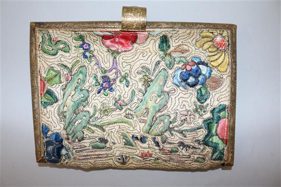 Two Chinese Peking Knot silk embroidered handbags, early 20th century, 26cm and 22cm